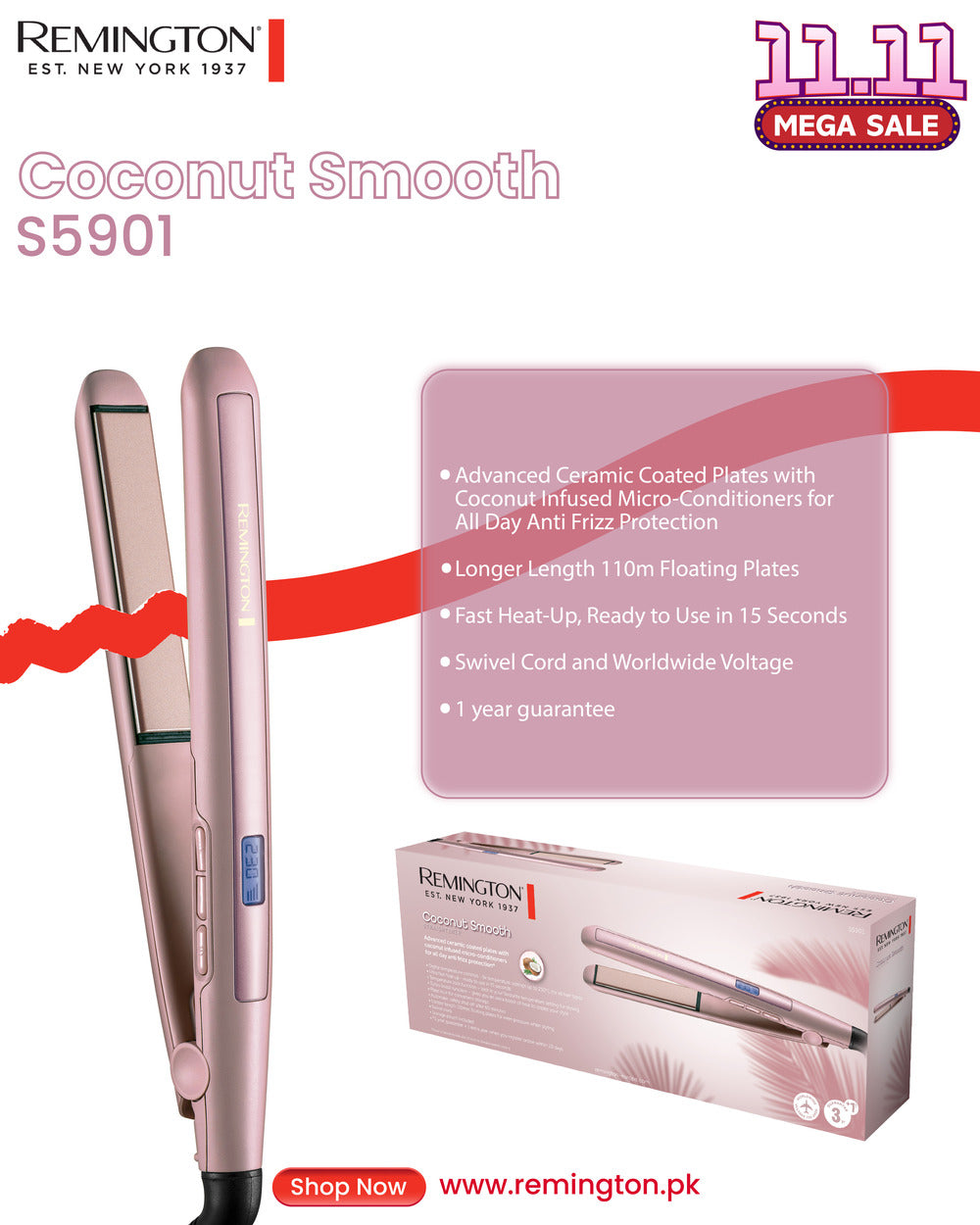 REMINGTON COCONUT SMOOTH HAIR STRAIGHTENER S5901